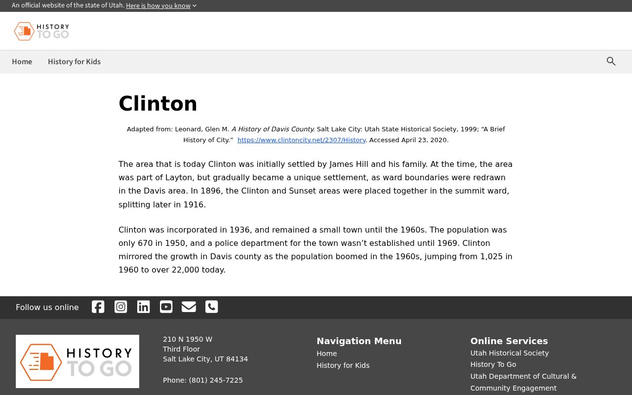 Clinton city directory historical context from Utah local history collections